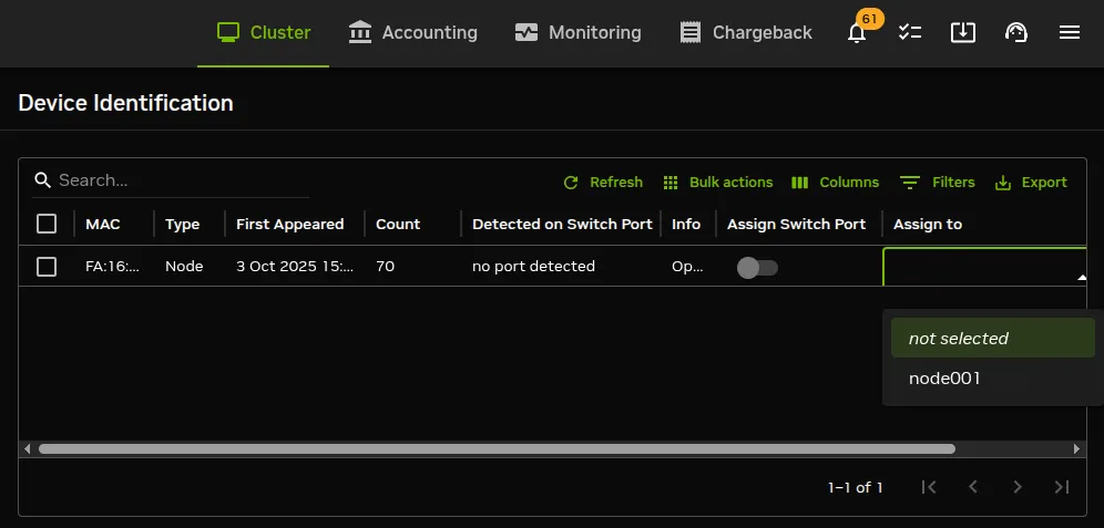 Device Identification Pane: Node Assignment