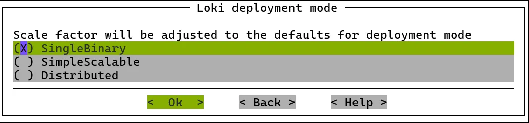 Kubernetes setup TUI session: choosing the Grafana Loki deployment mode