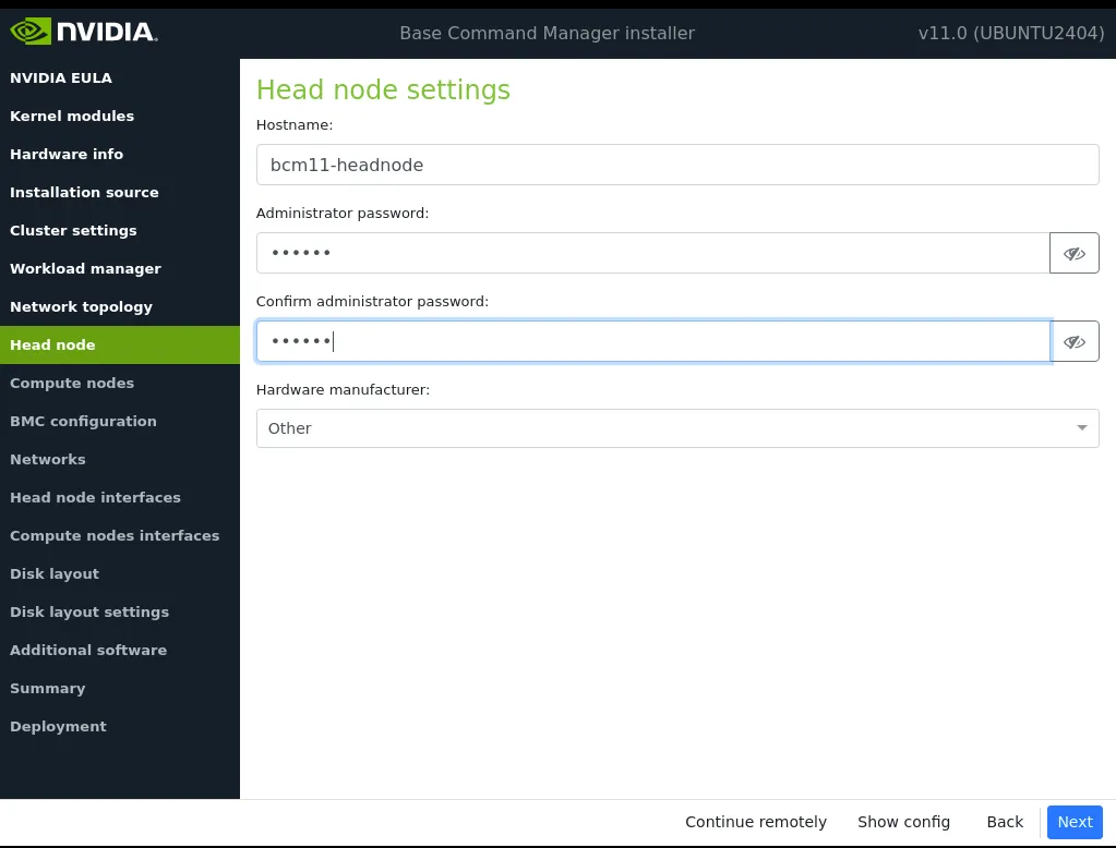 Head node settings