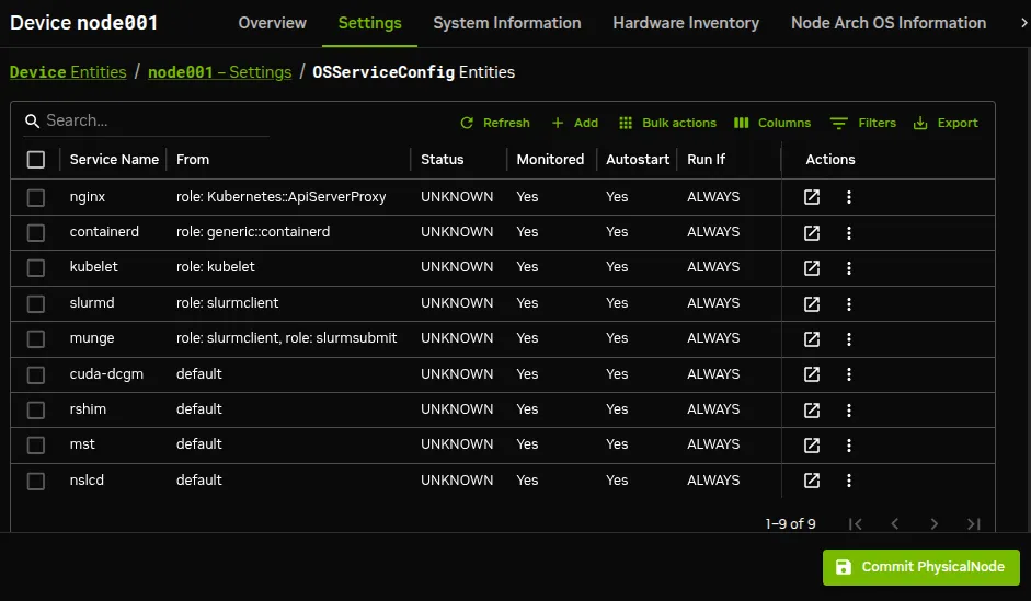 Operating system service configuration list window for nodes in Base View