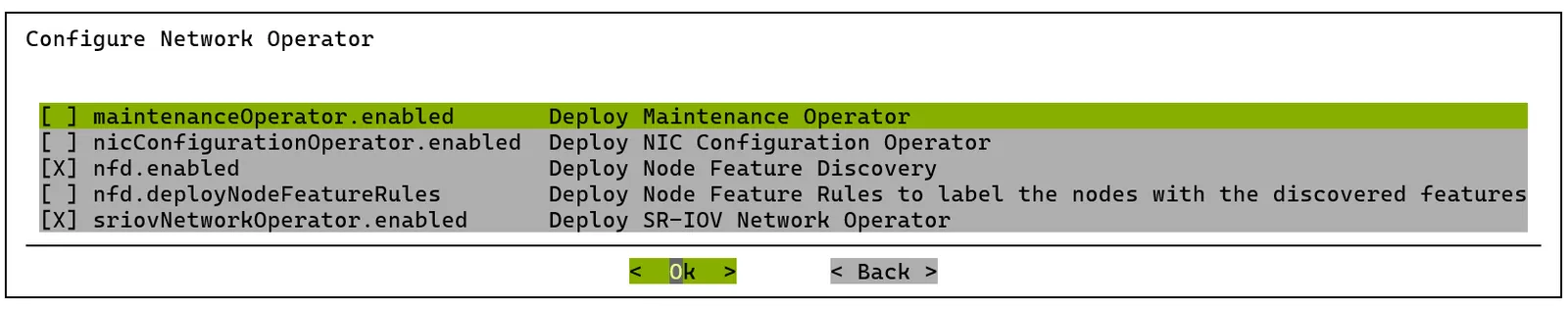 Network operator options for Helm chart prompt.