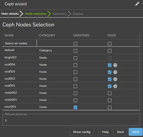 Ceph Wizard Installation: Ceph Nodes Selection Screen
