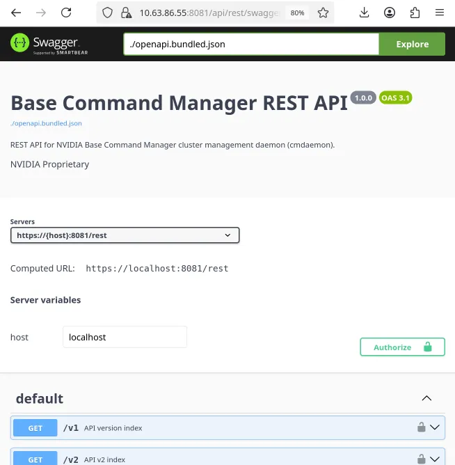 The Swagger OpenAPI explorer at https://master:8081/api/rest/swagger/