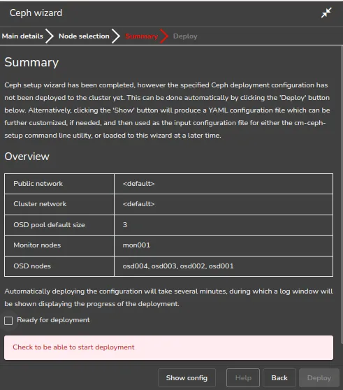 Ceph Wizard Installation: Configuration Summary