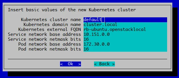 Kubernetes setup TUI session: networking selection screen