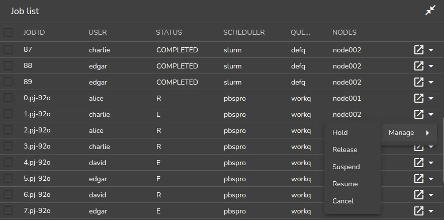 Workload manager job list window