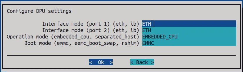 Configuration screen for the DPU settings