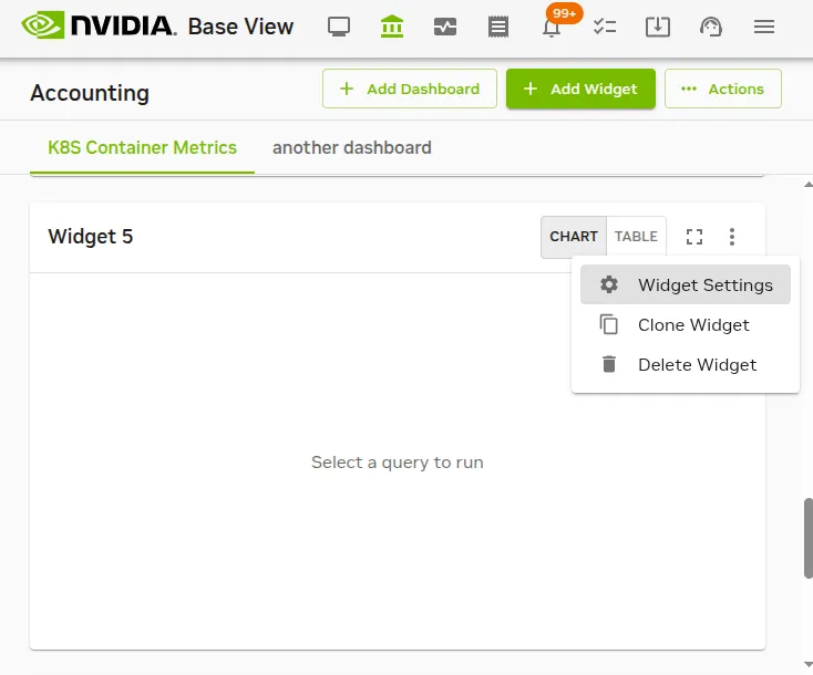 Job accounting: widget settings selected from ⋮ menu