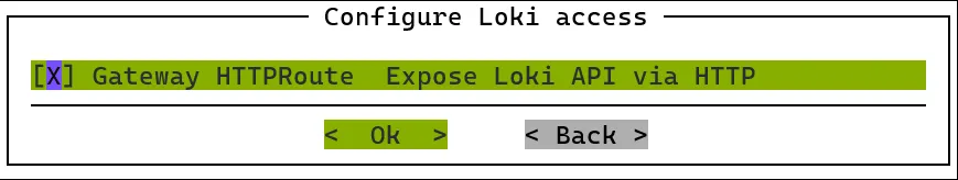 Kubernetes setup TUI session: choosing whether to expose the Grafana Loki API
