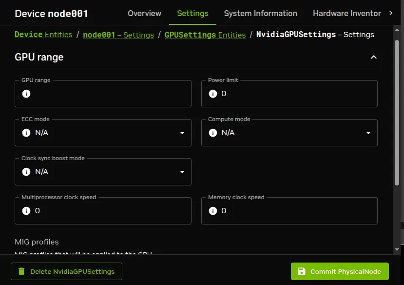 GPU settings window for a node