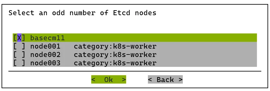 Kubernetes setup TUI session: etcd node assignment