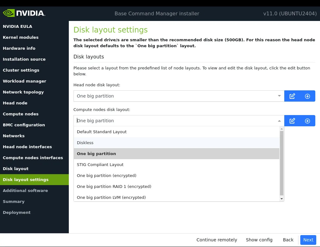 Disk layout settings screen