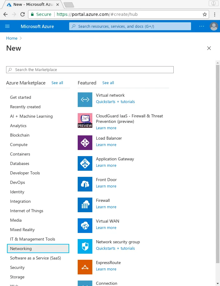 Azure Marketplace Networking Screen