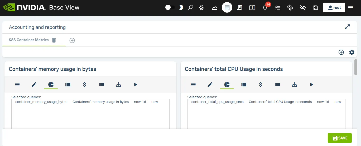 Job accounting: K8S container metrics panels