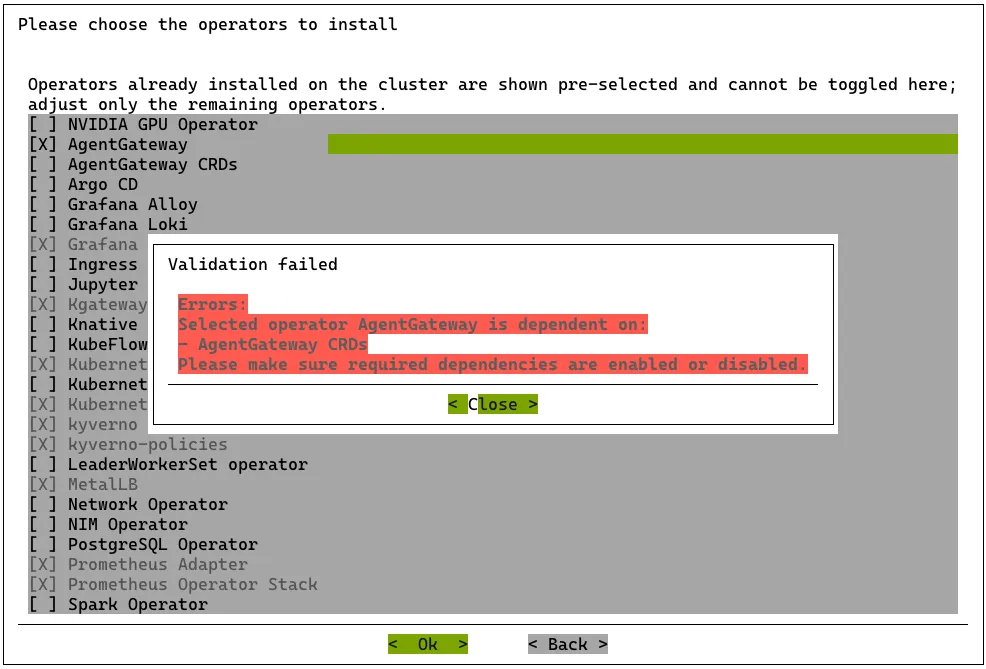 Kubernetes setup TUI session: dependency validation when adding operators