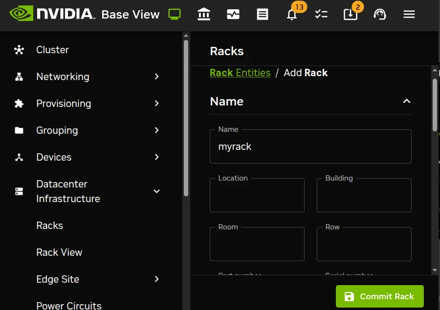 Rack configuration settings using Base View