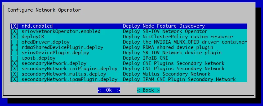 Network operator options for Helm chart prompt.