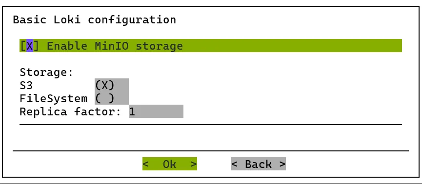 Kubernetes setup TUI session: the basic Grafana Loki configuration