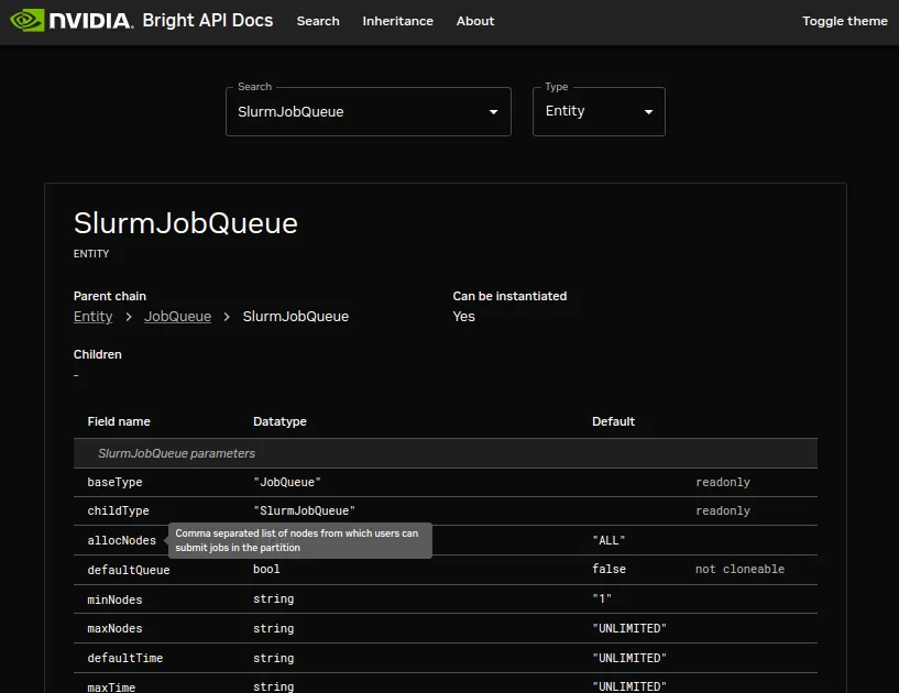 Example of an API documentation search page display result for the SlurmJobQueue entity