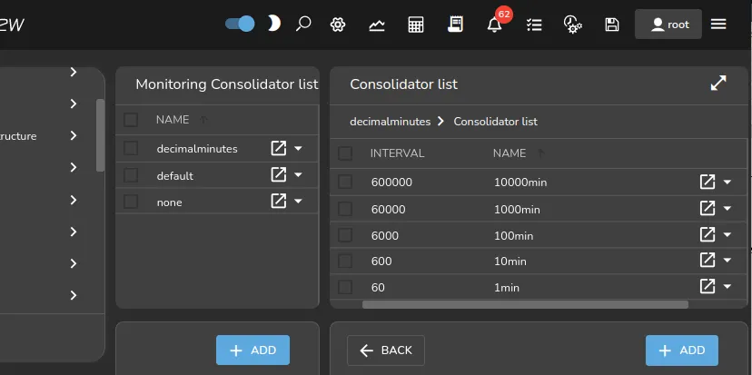 Base View Monitoring Configuration Consolidators: decimalminutes Consolidator Group