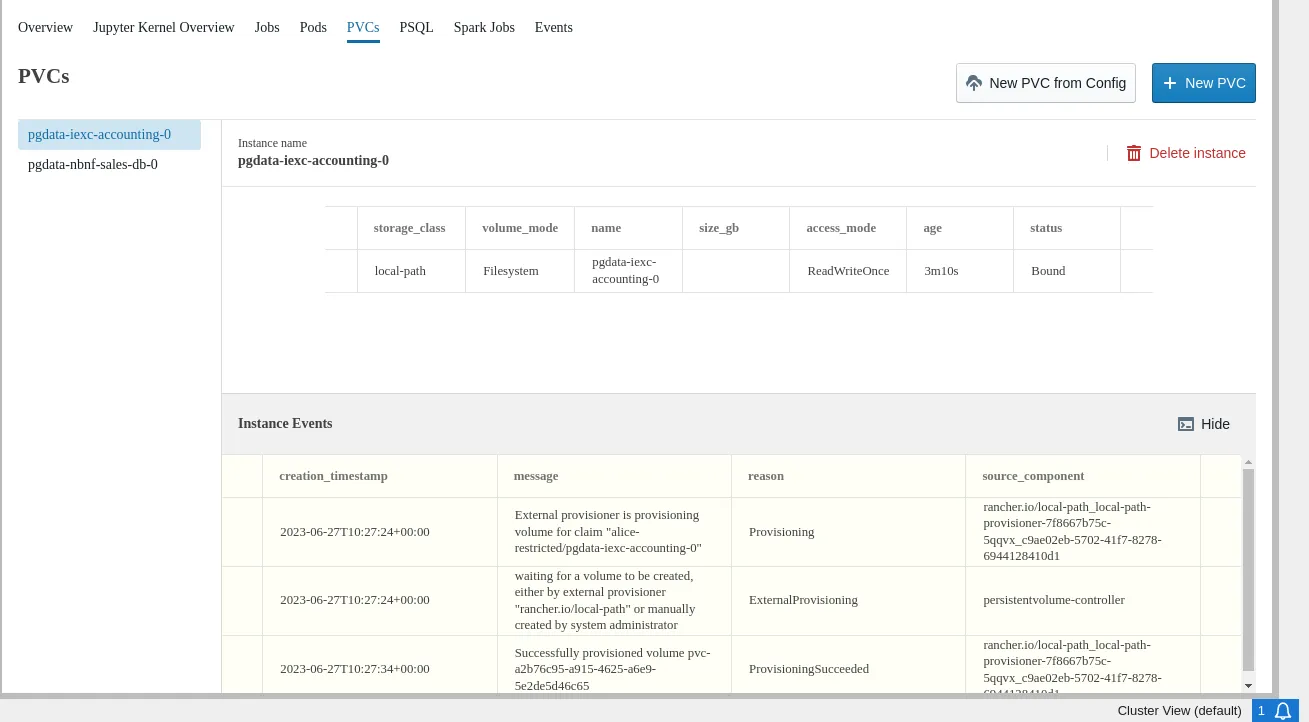 Jupyter Kubernetes Operators Manager: PVCs overview tab