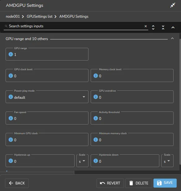 GPU settings window for a node