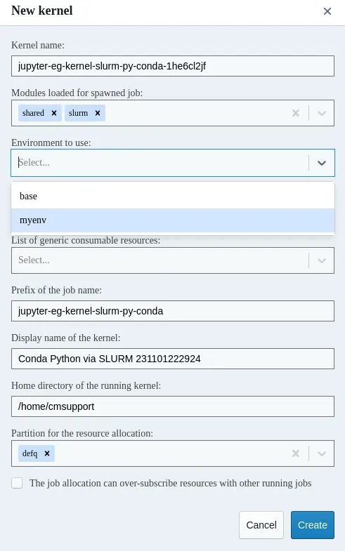 Conda template: environment list dropdown