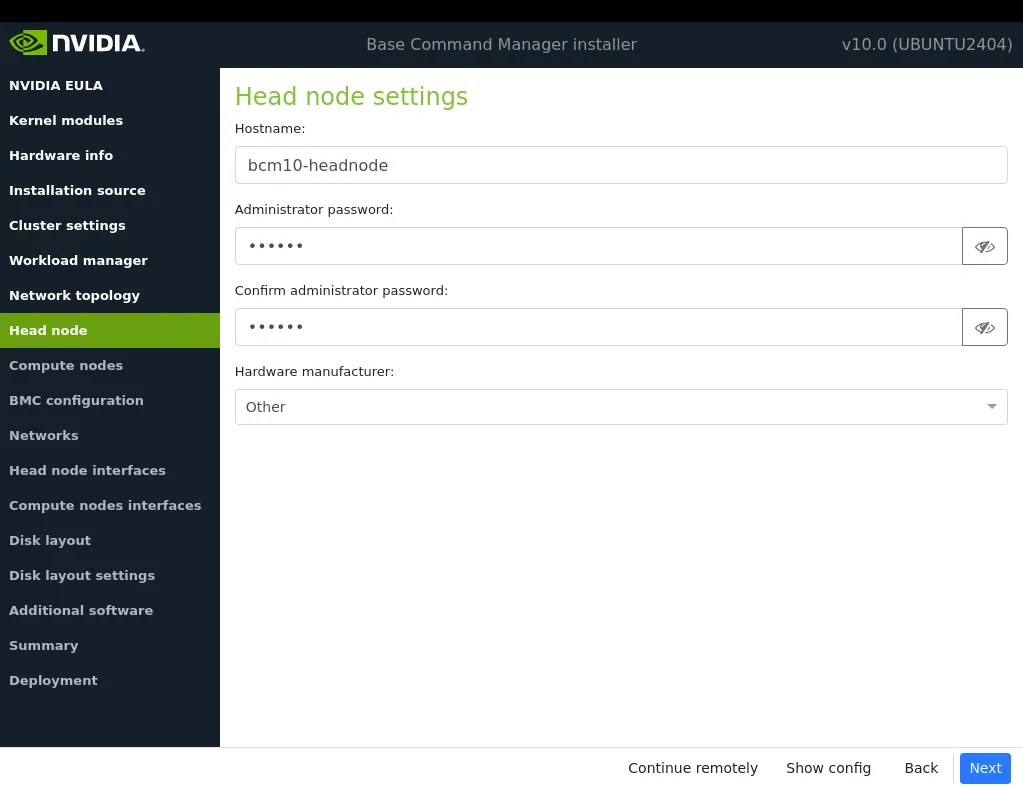 Head node settings