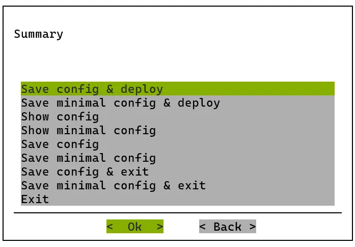 Kubernetes setup TUI session: summary screen
