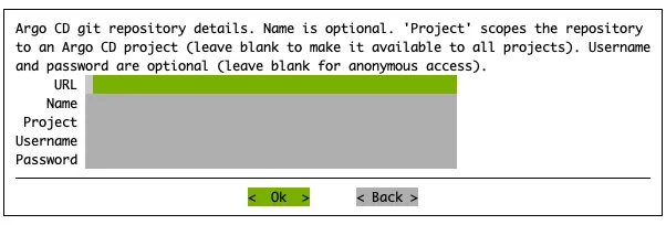 Argo CD operator: entering the repository URL, name, project, and credentials