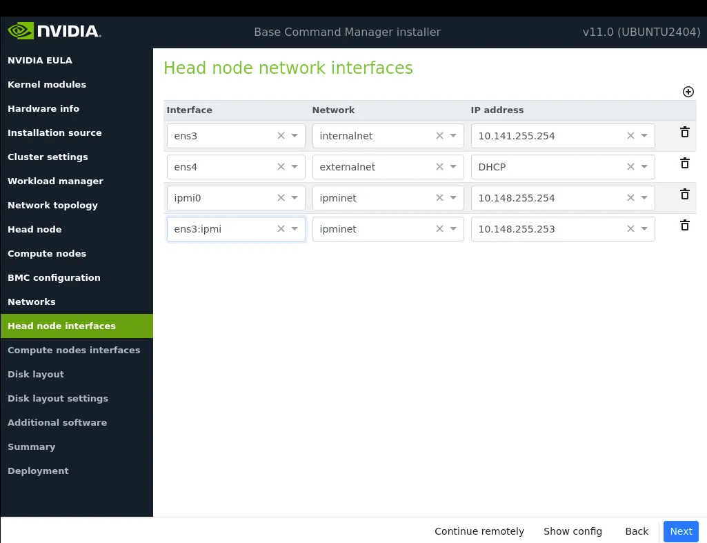 Head node interfaces configuration
