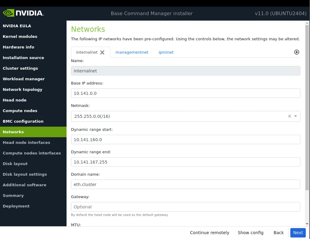 Networks configuration, internalnet tab
