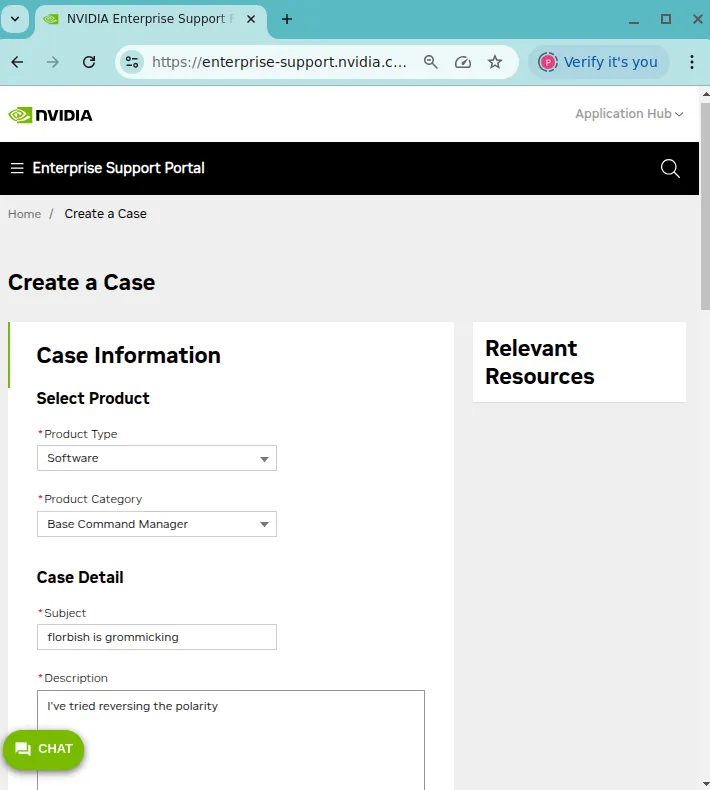 Customer support portal: submitting a support request