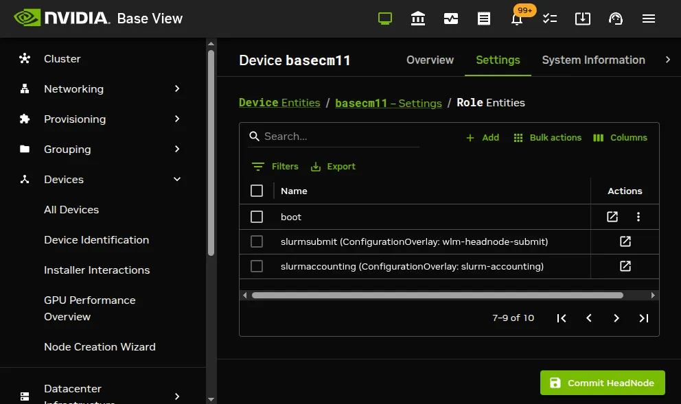 Roles seen on head node in Base View