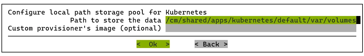 Kubernetes setup TUI session: configuring the local path storage pool