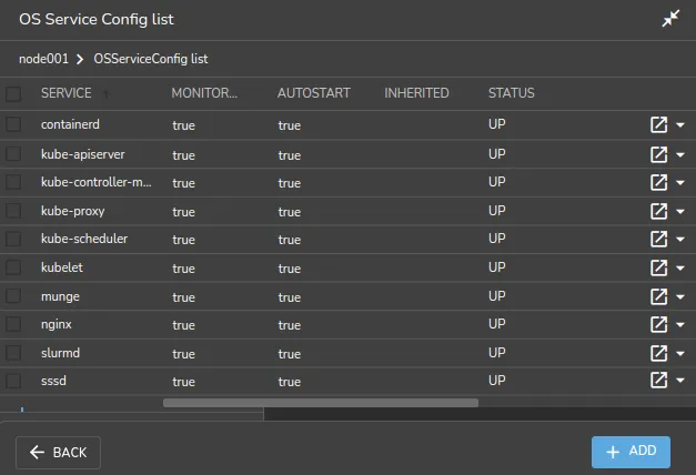 Operating system service configuration list window for nodes in Base View