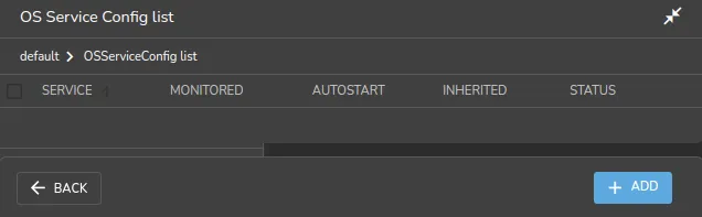 Operating system service configuration list window for the default category in Base View