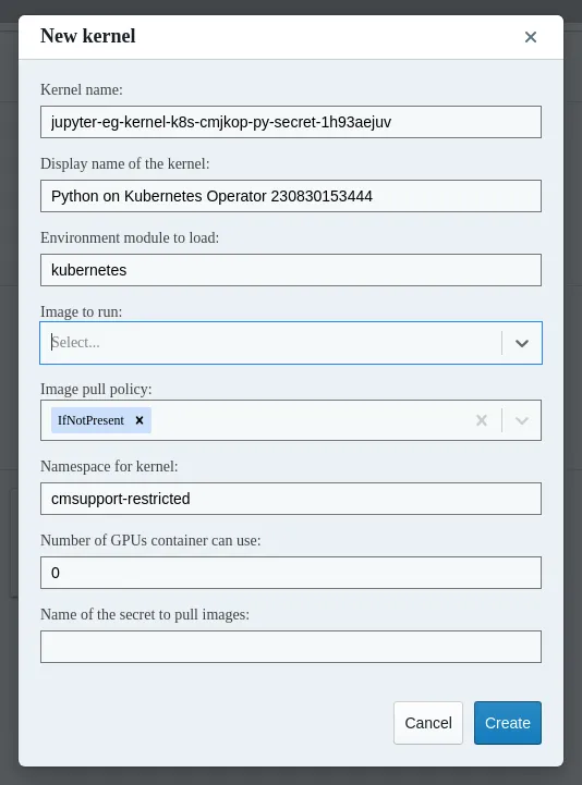 Jupyter Kernel Creator: secret selection