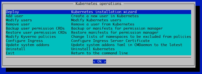 Kubernetes setup TUI session: main operations screen after a deployment