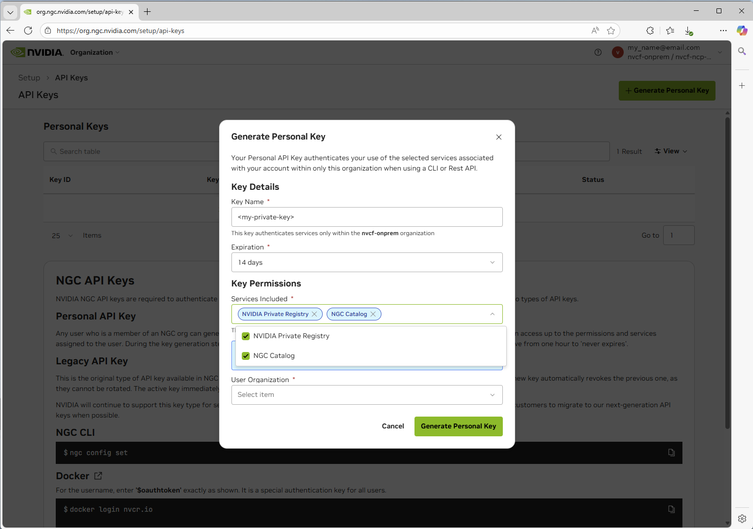 Personal API key creation for nvcf-onprem organization