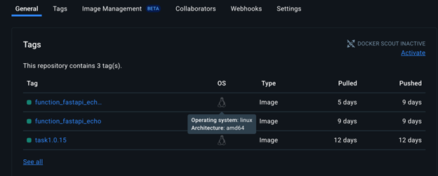 Docker Hub Tags showing amd64 architecture requirement