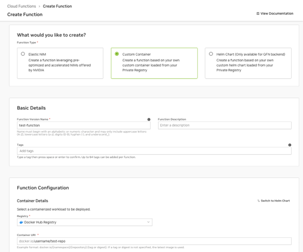 Docker Hub Container Create Function Interface