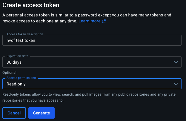 Docker Hub Personal Access Token Setup Page