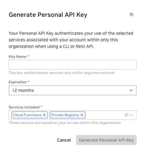 Personal API Key Generation Dialog