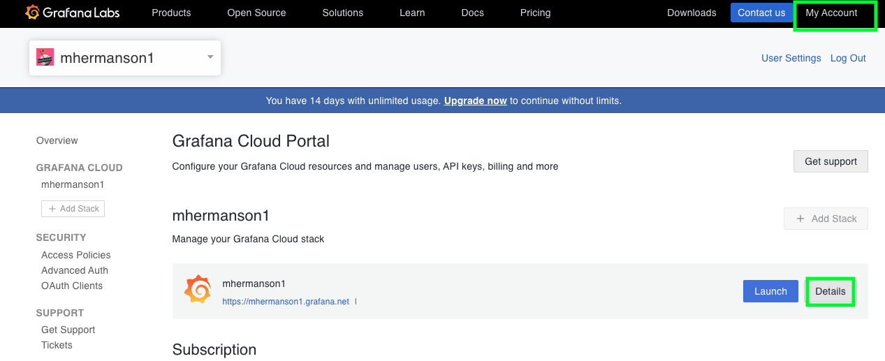 Grafana Cloud Portal interface showing organization settings and stack management