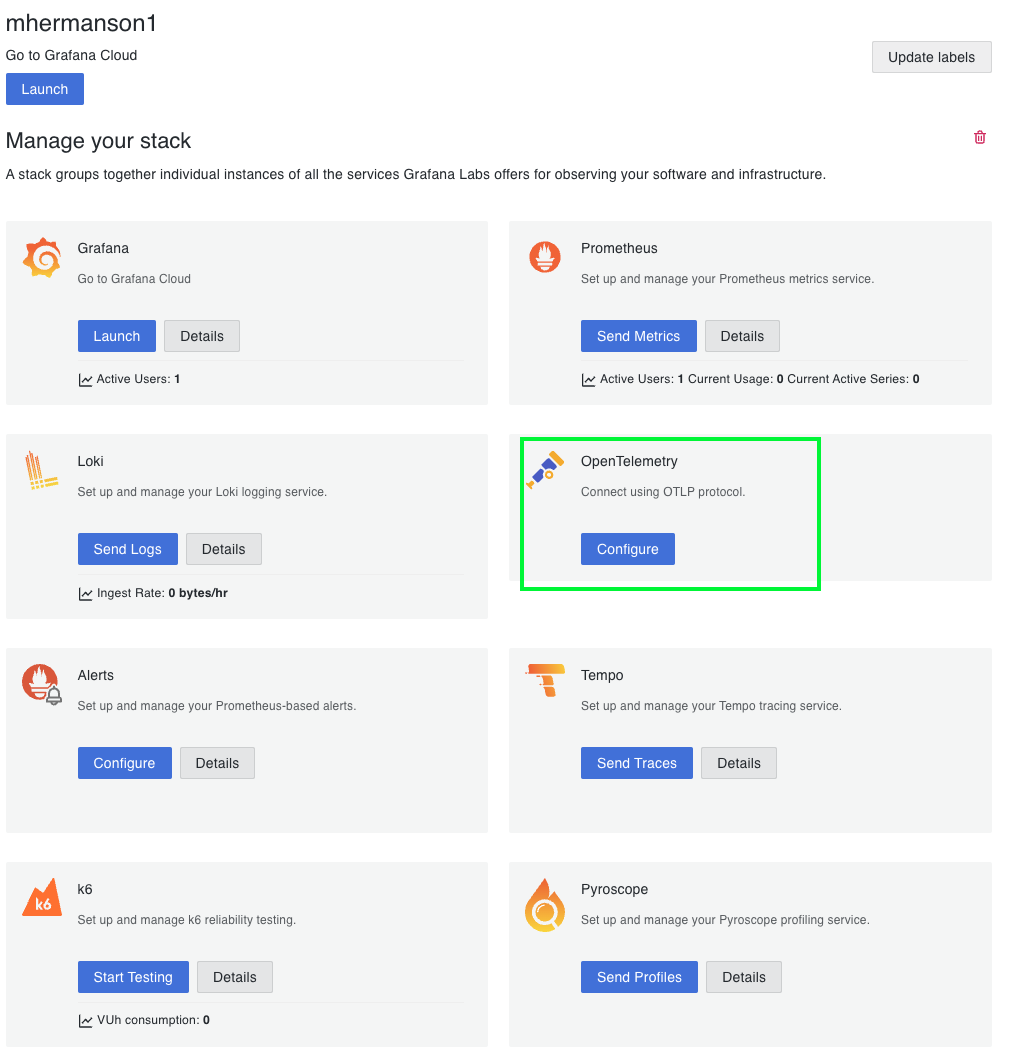 Grafana Cloud stack interface showing OpenTelemetry configuration options