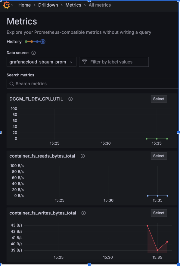 Grafana Metrics Explorer showing GPU utilization and container filesystem metrics over time