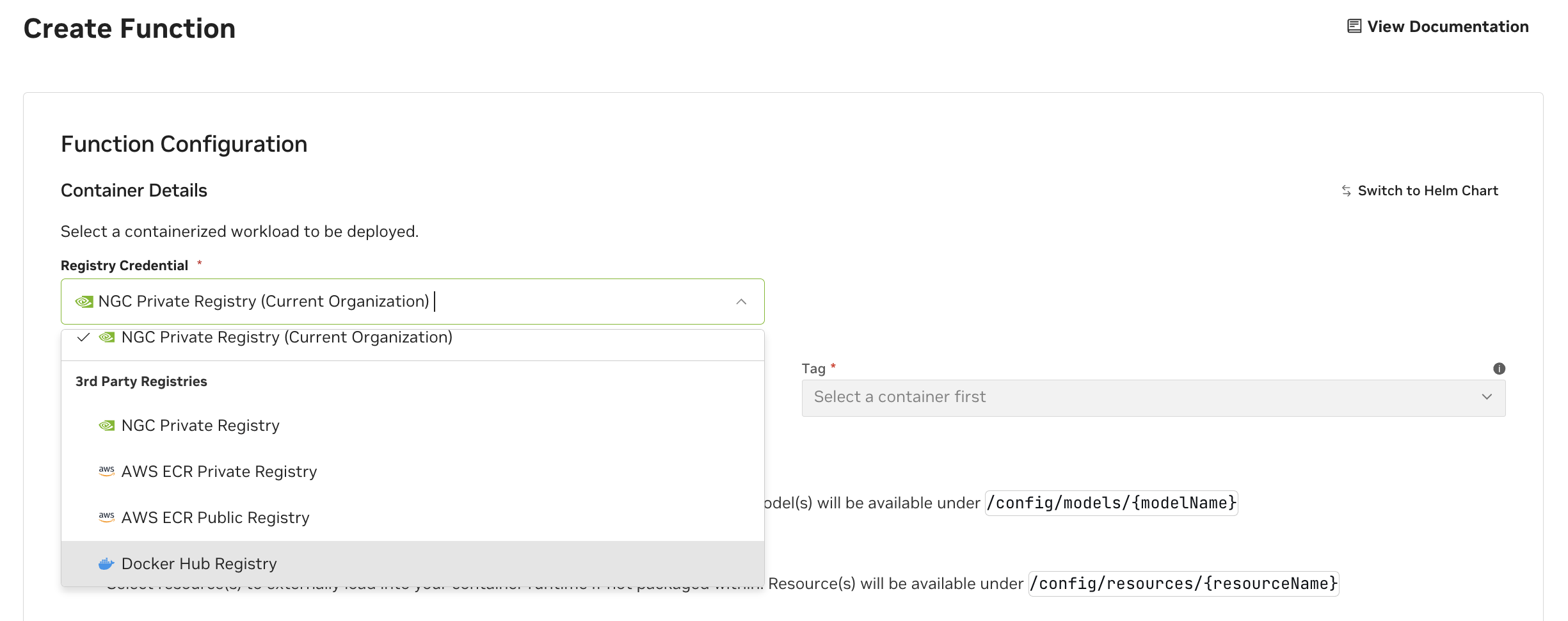 Create Function registry credential selection with AWS ECR