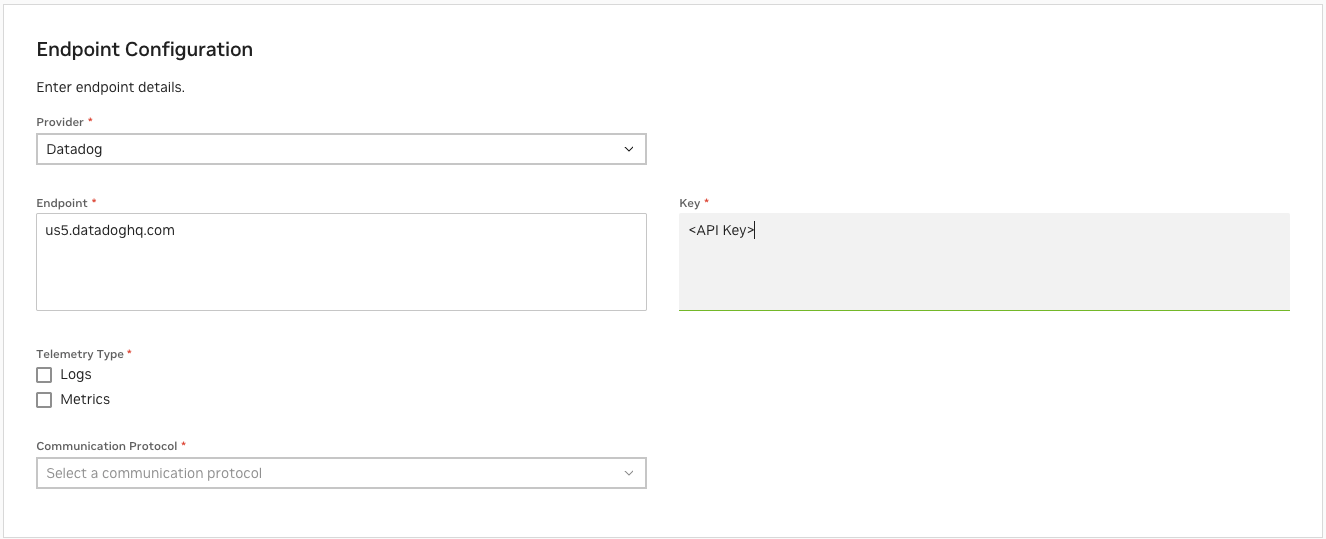 NVCF interface showing Datadog endpoint configuration