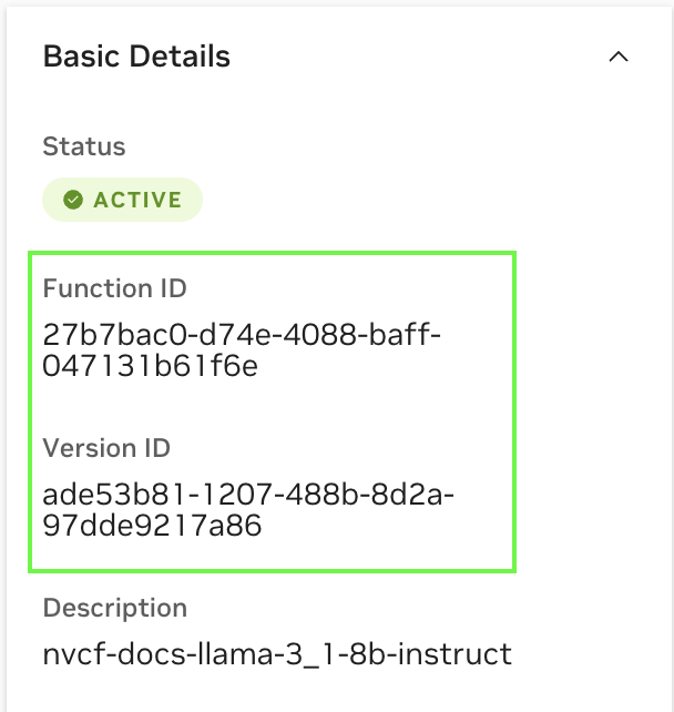 Function ID and Version ID Screenshot